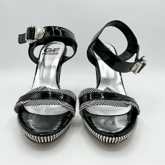 Gianfranco Ferre Black/White Striped Patent‎ Leather Heeled Sandals Sz 40 - Picture 16 of 16